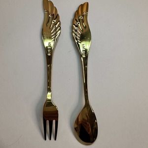 2 Pc Cutlery Gift Set Collection  Angel‎ Wings Stainless Steel Gold Tone